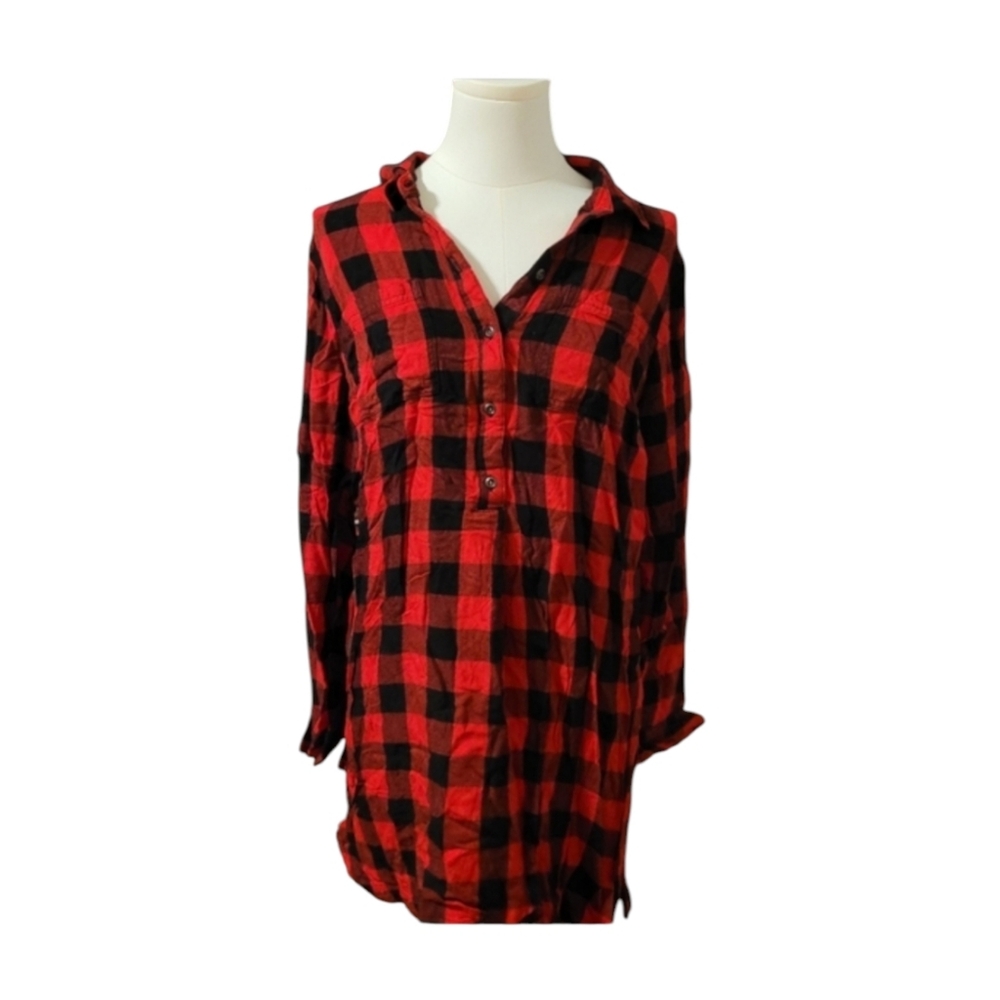 Old Navy Red Black Plaid Oversized Button Down Tunic Size Large Vintage
